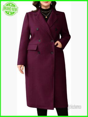 Plus Size Wool Pea Coat Double Breasted Notch Lapel Long Trench